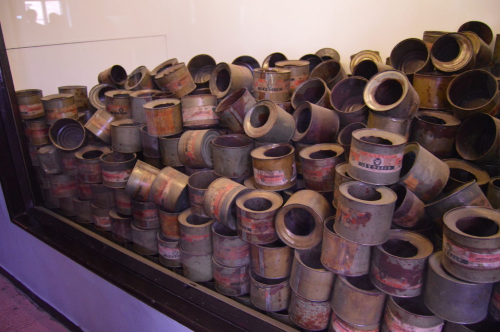 Empty canisters of Zyklon-B, the poison used in the gas chambers.  Each canister killed over a thousand people.